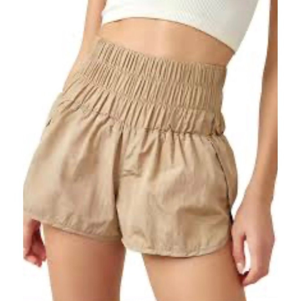 Free People High-Waist Smocked Athletic Shorts in Tan